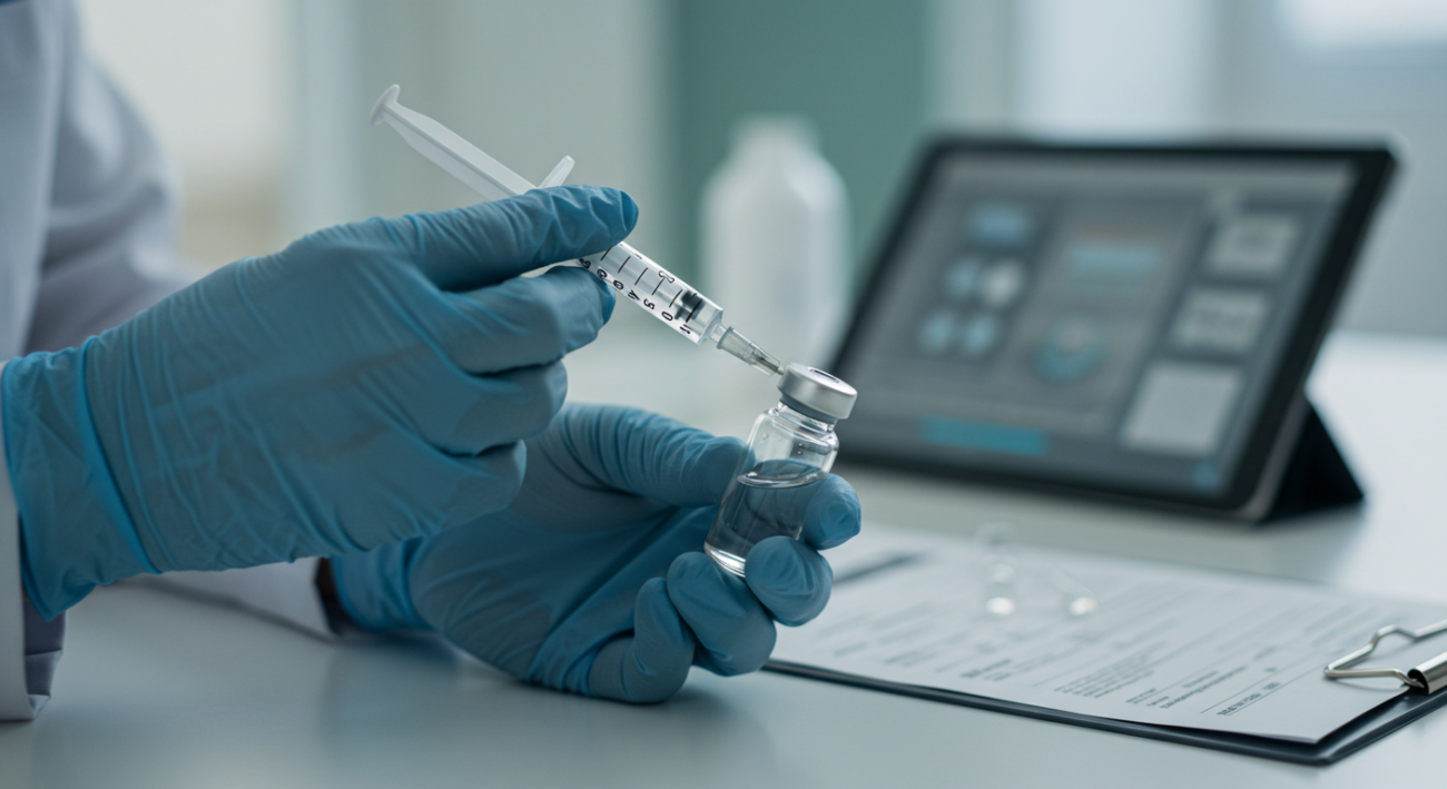 Gloved hands preparing an injection, illustrating precision for CPT code for injections.