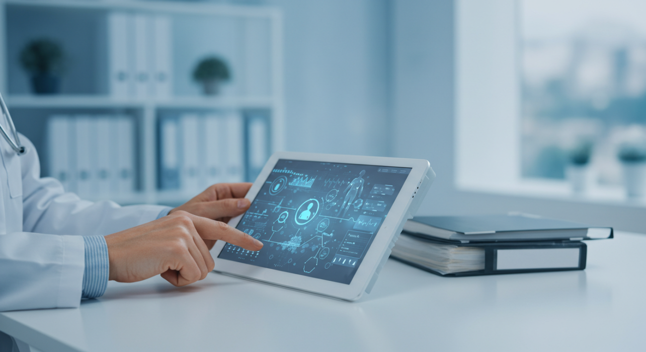 Healthcare professional using a tablet for patient data, relevant to 99214 CPT code documentation.