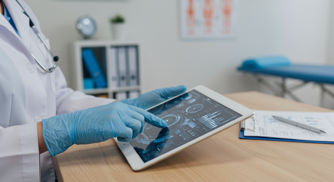 Hands on a digital tablet in a modern physical therapy office, symbolizing CPT code for physical therapy documentation.