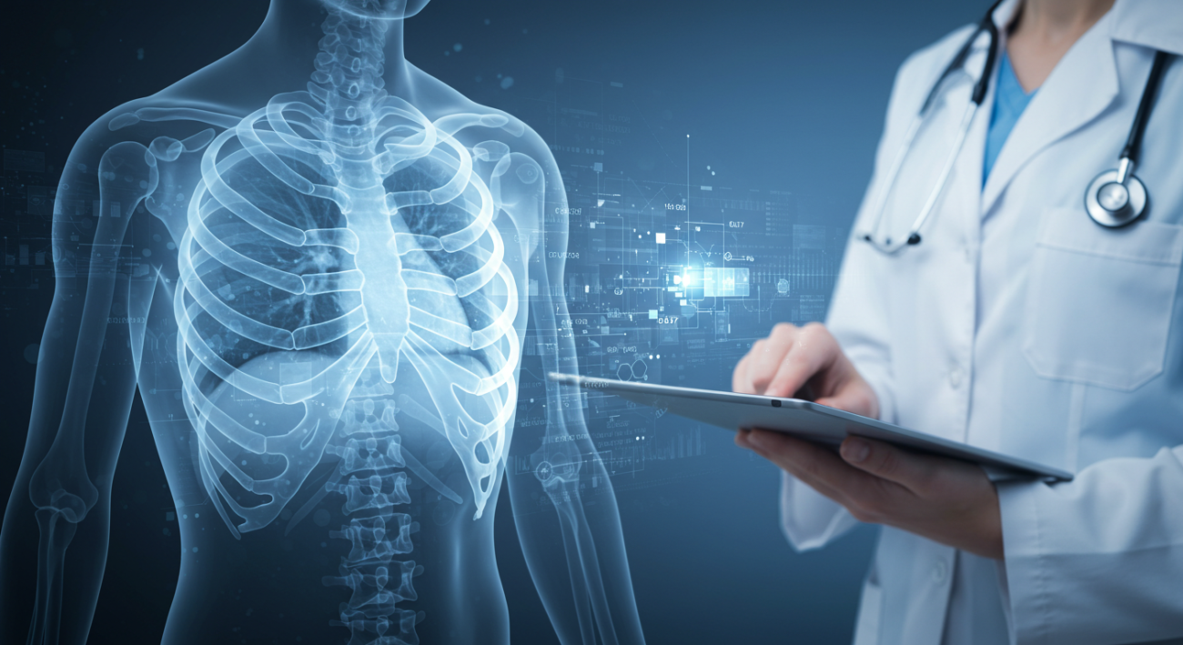Stylized X-ray image of a ribcage with a healthcare professional's hand and data patterns, illustrating CPT code for x ray.