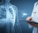Stylized X-ray image of a ribcage with a healthcare professional's hand and data patterns, illustrating CPT code for x ray.
