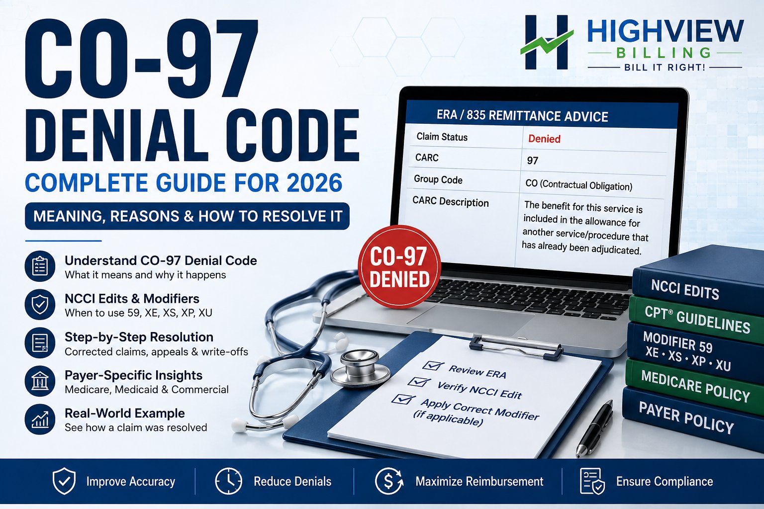 Infographic guide for the CO-97 denial code by Highview Billing, featuring ERA/835 remittance details, NCCI edits, and resolution steps.