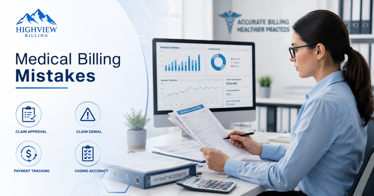 Medical billing specialist reviewing claim errors and revenue reports.